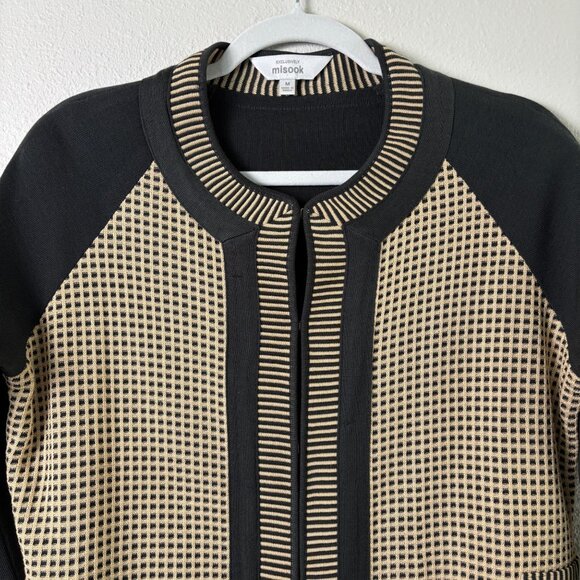 Exclusively Misook Cardigan Women Size M Black Tan Geometric Colorblock Hook Eye - Picture 2 of 11